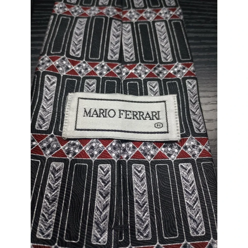 Mario Ferrari Silk Tie Geometric Black Gray Red Pattern‎ 4